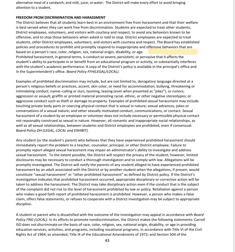 Southlake Carroll ISD’s current student code of conduct promises an environment free from discrimination based on gender and/or sexual orientation.

Instead of living up to those ideals, our school administration is proposing removing them altogether at Monday’s board meeting.