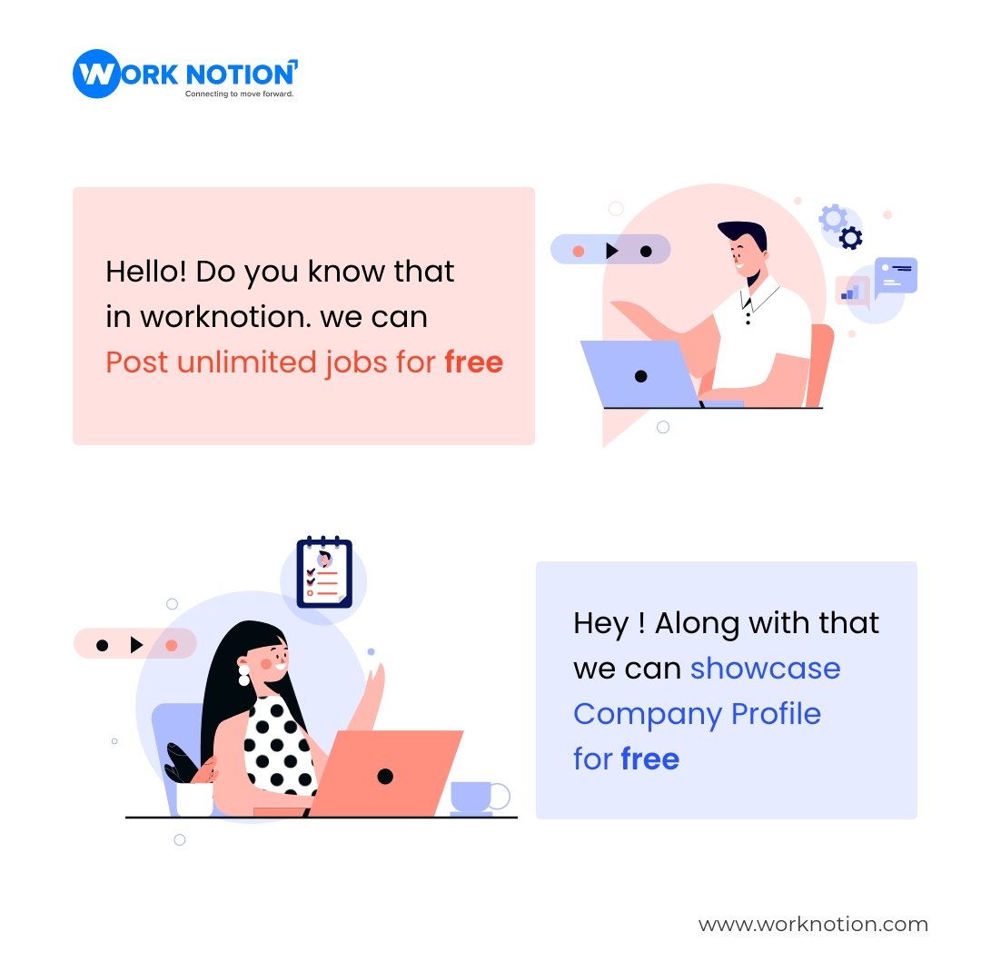 therjrajesh's tweet image. We know for Enterprises/Start-ups, finding suitable candidates is exhausting.
No worries! Worknotion is India's first video professional networking and hiring platform, where you can post unlimited free jobs and showcase your profile for free!
#Worknotion #Companies #Hiring