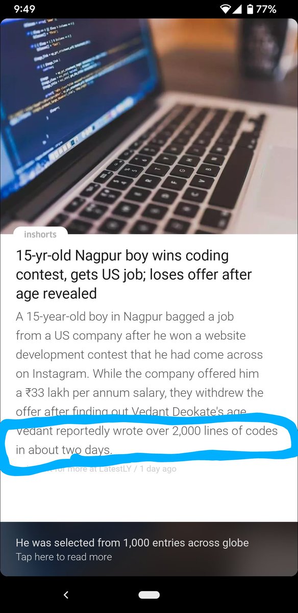 vikynandha's tweet photo. The most ridiculous part of the story is that the news agency considers writing 2000 lines of code in 2 days as a noteworthy achievement 😅 https://t.co/V4vLvp2t4v