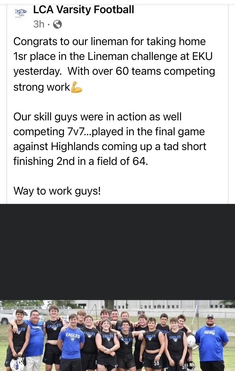 CoachDCharles's tweet photo. Great day at EKU for our LCA Eagle linemen in winning the Linemen Challenge yesterday. Linemen are a special breed. They grind every day & rarely get the credit they deserve. We are blessed with another great group of smart, strong and competitive young men! Congrats guys! #Aof1 https://t.co/SOQuoKqykv