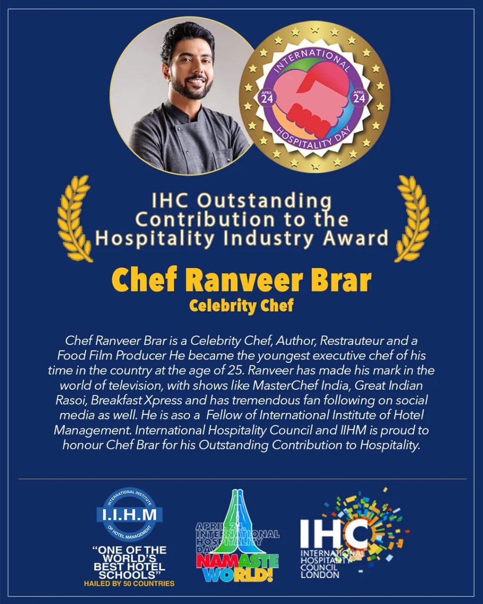 Mr. Ranveer Brar, conferred with the IHC Outstanding Contribution to the Hospitality Industry Award at the IHC International Hospitality Awards 2022 in a glittering ceremony at ITC Maratha, Mumbai - A Luxury Collection Hotel

#IHD2022 #Awards #recognition #Trending #Namaste