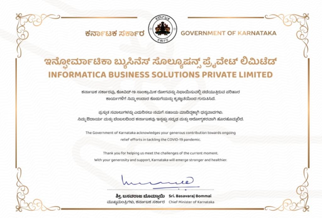 neeltatum's tweet photo. Indeed a proud moment. @Informatica India receives an award from the government of Karnataka - from the office of the Chief Minister for our exemplary effort during COVID-19 Waves 1 & 2. Kudos to Covid Aid Team for this achievement. #LifeAtINFA #COVID #Awards #Covid_19 #INFA https://t.co/YIXtKE6K6F
