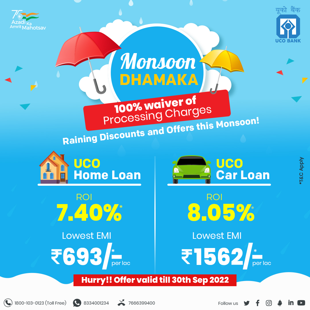 UCOBankOfficial's tweet image. It's Raining Discounts and Offers this Monsoon!!

Get #HomeLoan🏡 and #CarLoan🚗 at Zero #ProcessingCharges during UCO Bank's Monsoon Dhamaka. Click to apply bit.ly/UCObkln. Offer valid till 30th Sep. #UCOBank Honours Your Trust #MonsoonDhamaka #AmritMahotsav