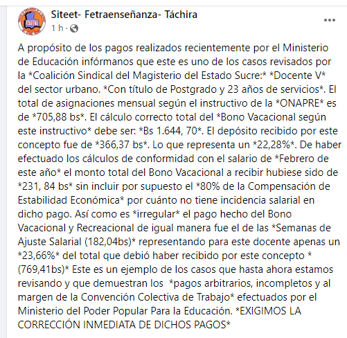 URGENTE Siteet- Fetraenseñanza- Táchira CONFIRMA QUE FUE APLICADO ILEGALMENTE EL INSTRUCTIVO ONAPRE A LAS VACACIONES DOCENTES.  
DENUNCIAMOS ANTE OIT EL #ROBO DE NUESTRO DINERO POR PARTE DEL PATRONO
#YelitzePagaCompleto #OnapreEsMier..
facebook.com/SiteetTachira/
