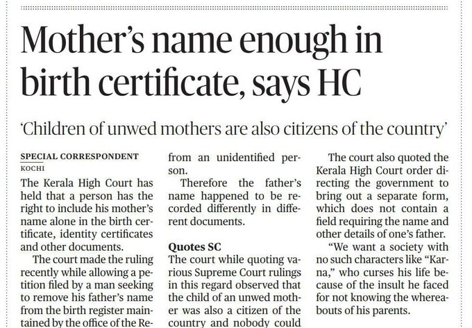 Kerala High Court Lauded for Upholding Right to Keep Only Mother's Name in  Certificates