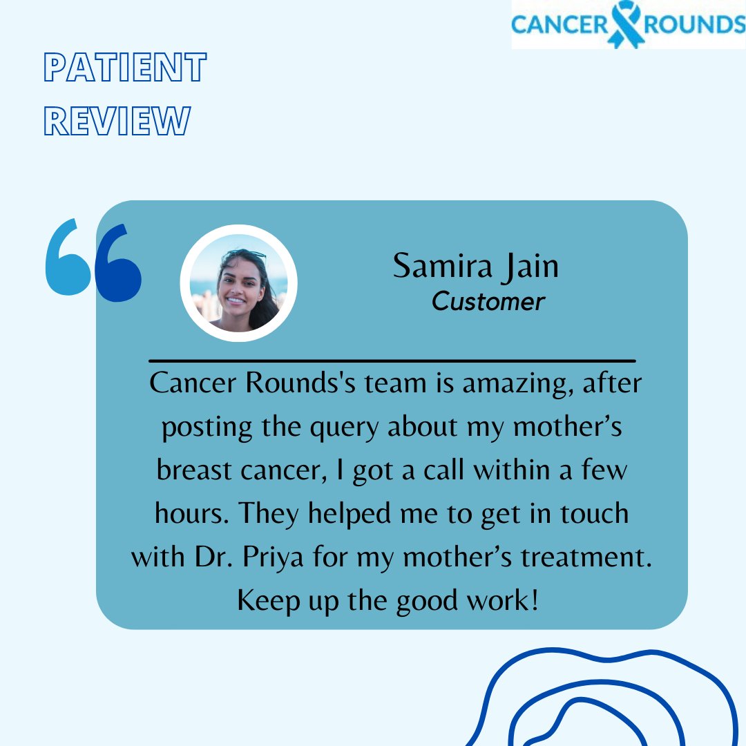 CancerRounds's tweet photo. #patientreview
Hey, Samira.
We’re glad we could help you get the best #consultation and #treatment possible.
It is one of the primary goals of #Cancerrounds to provide consultation and treatment from with India’s best oncologists.
#ThankYou for choosing us! https://t.co/spvXAJ3S4X