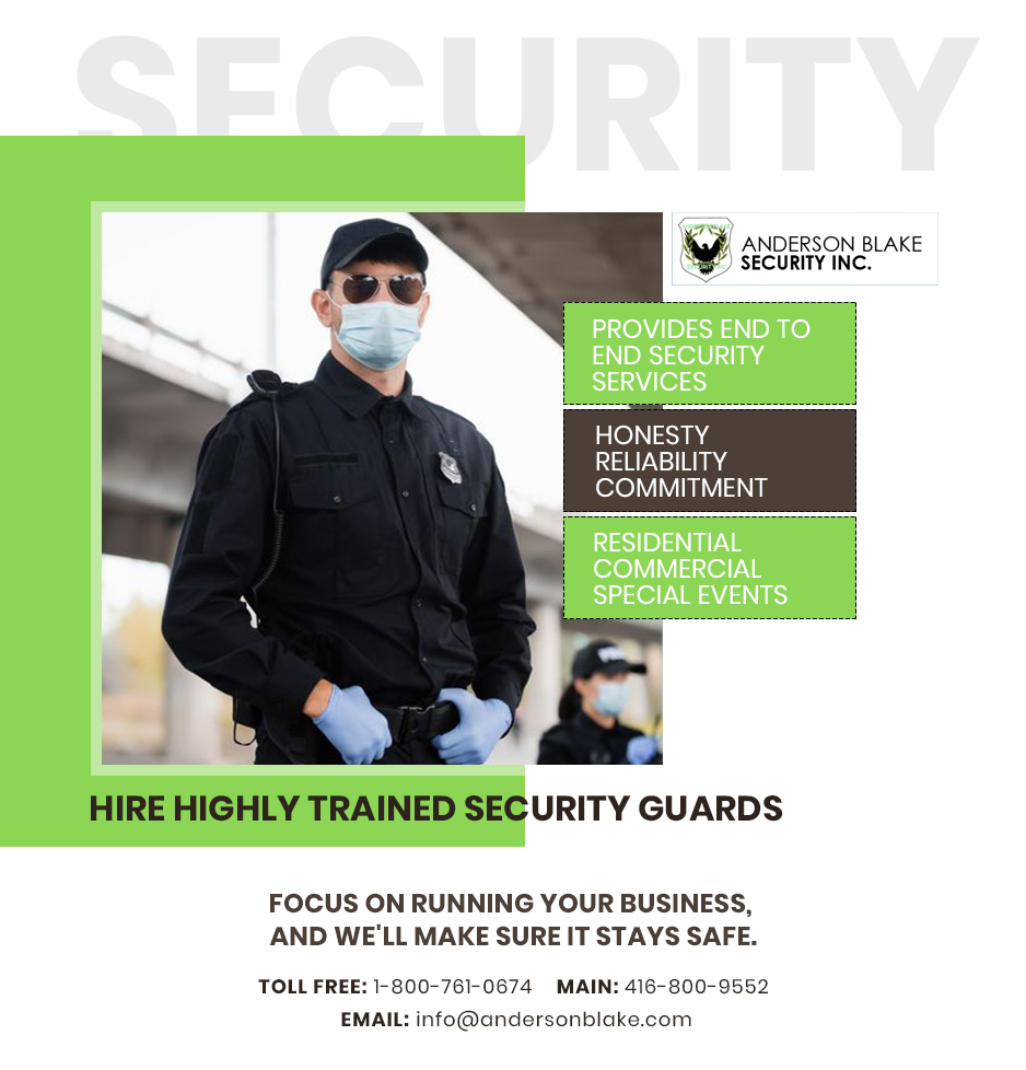 Hire highly trained security guards from Anderson Blake Security Inc.
Call us at 416-800-9552
andersonblake.com
#security #securityservices #SecurityGuard  #residentialsecurity #commercialsecurity #eventsecurity #mallsecurity #plazasecurity