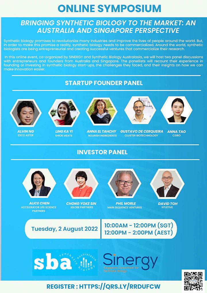 Join us for <a href="/SynBioAusAsia/">Synthetic Biology Australasia (SBA)</a> first joint event with <a href="/SINERGY_SG/">SINERGY Consortium</a> to get a fresh perspective from leading founders and investors in the asia-pacific region. 
#syntheticbiology #commercialisation

Register here:
eventbrite.sg/e/bringing-syn…