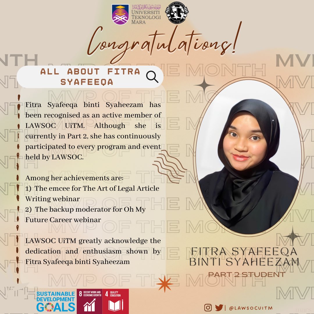 LawSocUitm's tweet photo. Heartiest congratulations to Miss Fitra Syafeeqa binti Syaheezam for being chosen as the MVP for July 2022! 🌟

We hope that the members of Law Society UiTM will be inspired by her hard work and achievements and strive to be next month’s MVP! 🤩 https://t.co/jRBTyXn75T