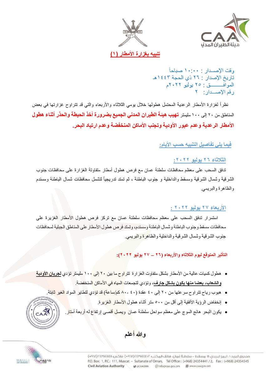 OmanMeteorology's tweet photo. تنبيه بغزارة الأمطار (1) خلال يومي الثلاثاء والأربعاء. https://t.co/7dLqhMUX0r