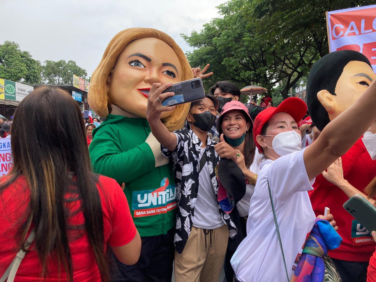 Supporters pose with a mascot of President Bongbong Marcos Jr. and Vice President Sara Duterte Carpio at a pro BBM-SARA rally in SONA.

OUR PRESIDENT BBM
#PBBMSONA2022