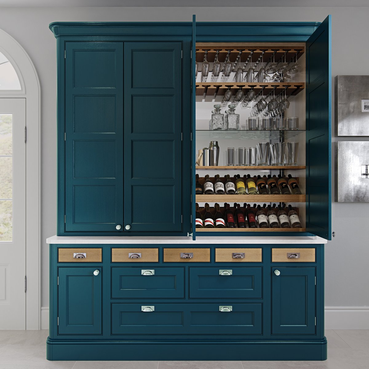 This grand drinks cabinet is the dream for any kitchen. With oak drawer boxes and glass and bottle racks sitting alongside the stunning Marine paint colour.

📷 @Aisling_Artisan 

#frederickgeorgekitchens #kitchendesign #kitchendresser #bespokekitchen #bluekitchen #drinkscabinet