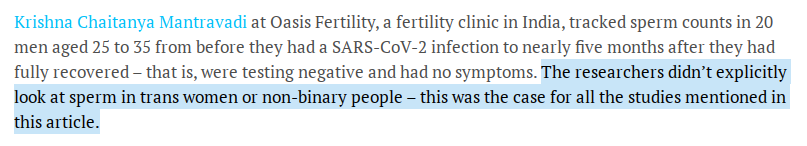 zeno001's tweet photo. @newscientist @CarissaCWWong Hi @CarissaCWWong

I read your @newscientist article on Covid-19 and sperm last week.

Can you say how this sentence on gender ideology got into it and whether you're referring to sperm of female non-binary people or sperm of male non-binary people?

https://t.co/t8YVGfdDeb https://t.co/mOUtuCg7Ts