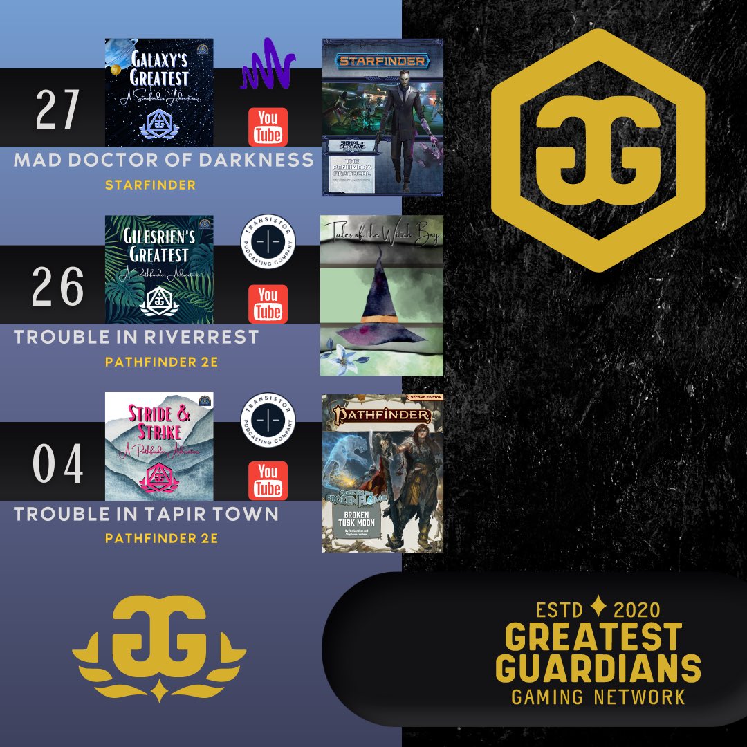 Gr8stGuardians's tweet photo. Three new @paizo #episodes this week on #Greatest #Guardians #Gaming #Network!

https://t.co/IbOw8B3LM3

#pathfinder #pf2e #starfinder #sfrpg #tabletop #ttrpg #fantasy #scifi #space #adventure https://t.co/Wb9YSLCofD