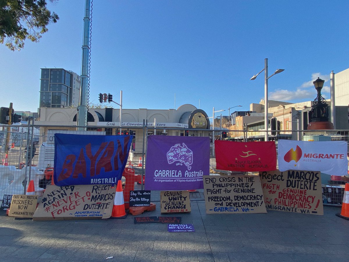 AnakbayanWA's tweet photo. Anakabayan WA, with Migrante Perth and Gabriela WA meet the first SONA of Marcos Jr. with a peaceful mobilisation at Yagan Square. The groups express their demands to Marcos-Duterte administration to protect the rights and safeguard the welfare of the Filipino people. https://t.co/Hwi1H6T8wY