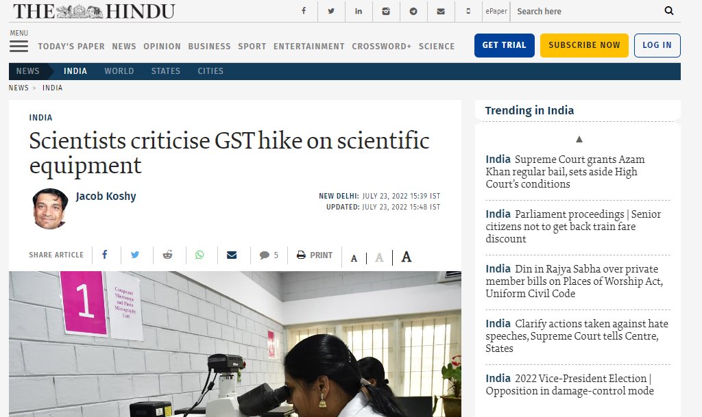 Singlejivi's tweet photo. Thread on "Declining India's budget in the Scientific R&amp;D sector and GST hike on R&amp;D instruments". 
Plz read fully

Source : @SirDhawan 
Will start with a famous US quote : "Starving R&amp;D is like eating the seed corn"

Indian Govt has increased GST of 12-18% on R&amp;D instruments.
1/ https://t.co/chlGgoR6J9