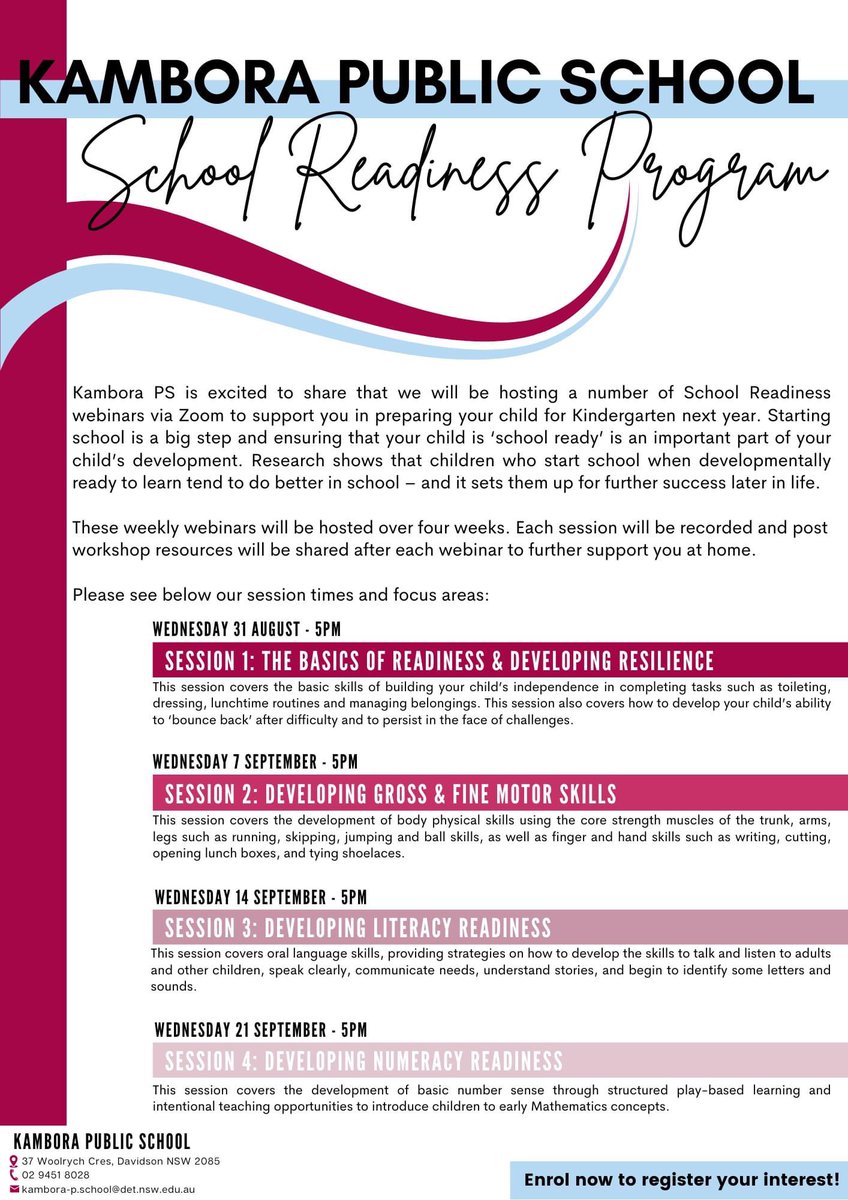 Have you enrolled your child into Kindergarten at Kambora for 2023? Make sure that you register for our upcoming School Readiness webinars to support you in preparing your child for Kindy next year. Check out the flyer to learn more!