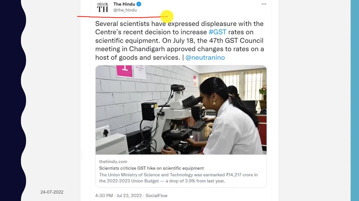Singlejivi's tweet photo. Thread on "Declining India's budget in the Scientific R&amp;D sector and GST hike on R&amp;D instruments". 
Plz read fully

Source : @SirDhawan 
Will start with a famous US quote : "Starving R&amp;D is like eating the seed corn"

Indian Govt has increased GST of 12-18% on R&amp;D instruments.
1/ https://t.co/chlGgoR6J9
