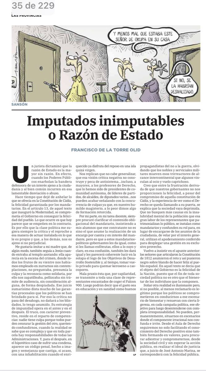 ✍🏼 Interesante artículo en <a href="/lasprovincias/">LAS PROVINCIAS</a> del profesor Francisco de la Torre. 

Acierto en las palabras y en el mensaje👇🏼 

"Que no busquen más causas en la insalubridad mental de la población que esa gran labor de los representantes que patrimonializan lo público…"