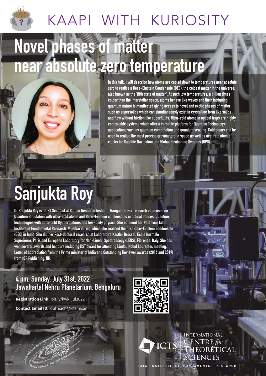 Dr Sanjukta Roy a <a href="/IndiaDST/">DSTIndia</a> WOS-A scientist <a href="/RRI_Bangalore/">Raman Research Institute</a> will be delivering the upcoming Kaapi with Kuriosity talk. icts.res.in/outreach/kaapi…
<a href="/ictstifr/">ICTS</a> <a href="/JNPlanetarium/">Jawaharlal Nehru Planetarium Bengaluru</a> <a href="/TarunSouradeep/">Tarun Souradeep</a>