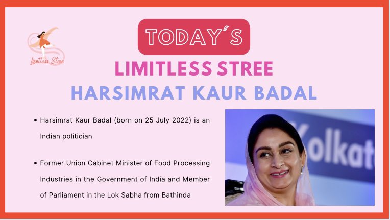 Limitless_Stree's tweet photo. Celebrating the journey of @HarsimratBadal_ at @Limitless_Stree on her birthday!
In Sep 2008, she started the "Nanhi Chhan" project to combat against female foeticide in Punjab, women empowerment & to save the trees.
#parliamentarian #entrepreneur #ministryoffoodprocessing https://t.co/mSaWyZOVdY