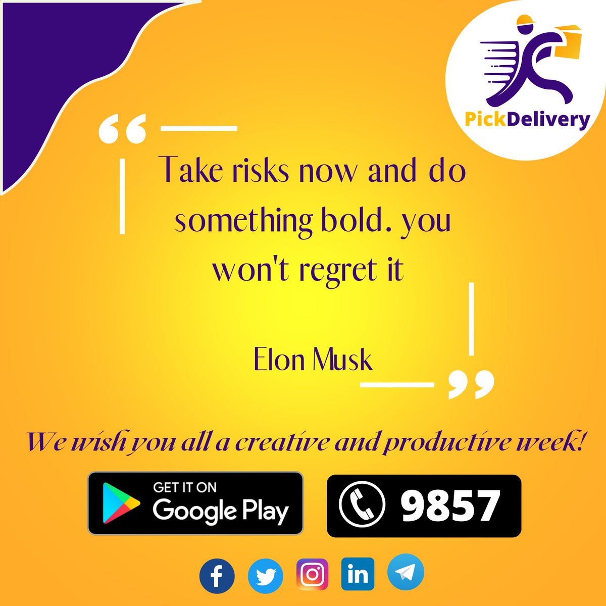 PickDeliveryET's tweet photo. "Take risks now and do something bold. you won't regret it." #ElonMusk
Wish you to have a creative and productive week.
#Monday #MondayMotivation #PickDelivery https://t.co/pvJ7EPc1ld