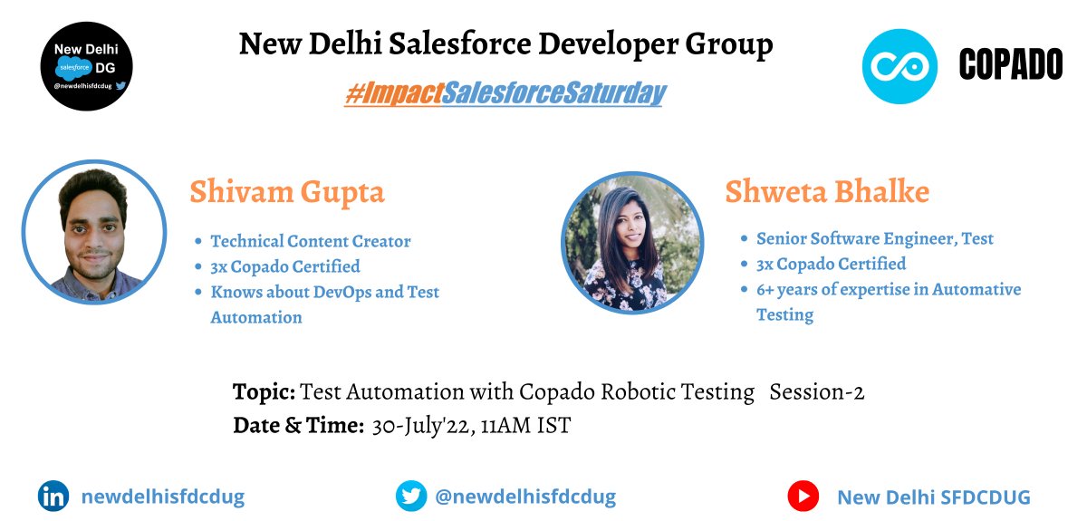 newdelhisfdcdug's tweet photo. Are you looking forward to solving your testing requirements with unmatched speed &amp; quality? Say hello to your new test friend - Copado Robotic Testing
 
Join us for #ImpactSalesforceSaturday session 2 on Test Automation with Copado Robotic Testing by Shweta Bhalke &amp; Shivam Gupta https://t.co/V366Y3TMLv