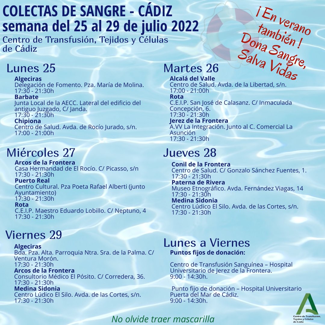 🩸Última semana de julio y seguimos necesitando de tu solidaridad para Donar Sangre en #Cadiz 

Colabora acercándote a cualquiera de los puntos que hay por toda la provincia en estos días 👇