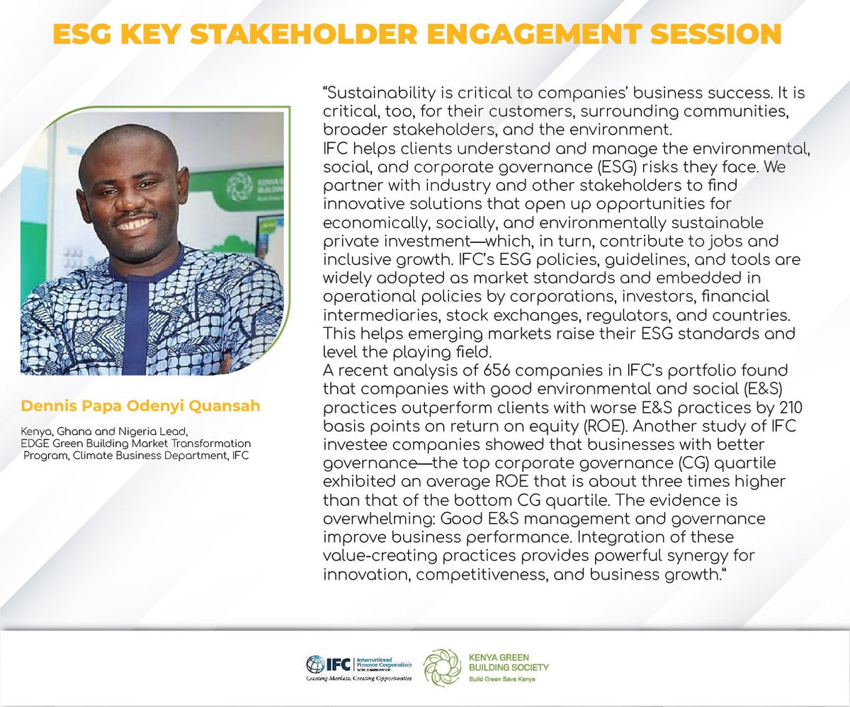 OfficialKGBS's tweet photo. "Sustainability is crucial to companies' business success."
@OdenyiPapa , Kenya, Ghana and Nigeria Lead, EDGE Green Building Market Transformation Program, Climate Business Department, @IFC_org
#ESGAwareness
#GrowwithESG
#ESGistheFuture
#KGBSESG https://t.co/EohK2qz1Pc
