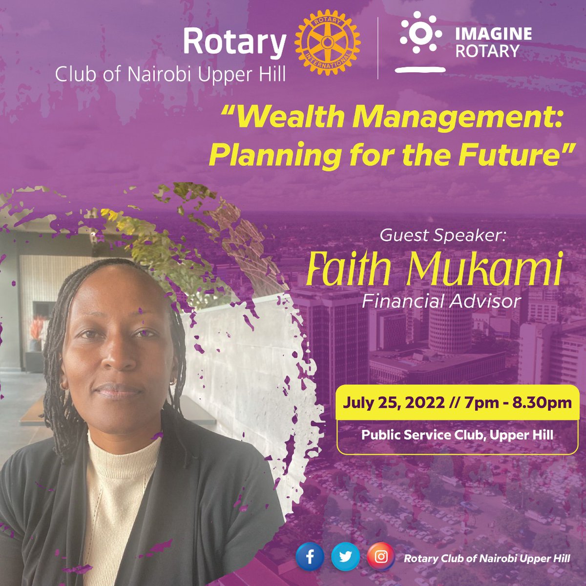 RCUpperhill's tweet photo. Good morning!
Benjamin Franklin was quoted as saying "by failing to prepare, you are preparing to fail"!
With that in mind, #thecoolestclubonthehill will host Faith Mukami to discuss wealth management.
Please join us today at PSC Club from 7pm.
#imaginerotary #letsmarchtogether https://t.co/bxuaxjh7Pj