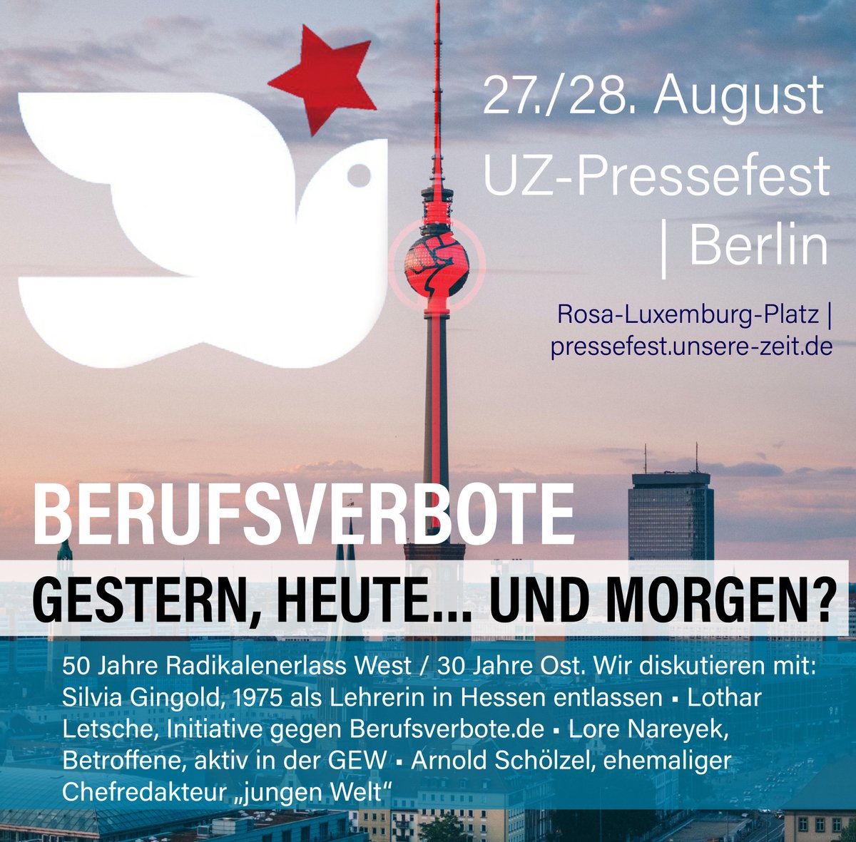 Berufsverbote gestern, heute… und morgen?
50 Jahre Radikalenerlass West / 30 Jahre Ost. 

Wir diskutieren mit:
Silvia Gingold, 1975 als Lehrerin in Hessen entlassen • Lothar Letsche, Initiative gegen Berufsverbotede • Lore Nareyek, Betroffene • Arnold Schölzel, „jungen Welt“