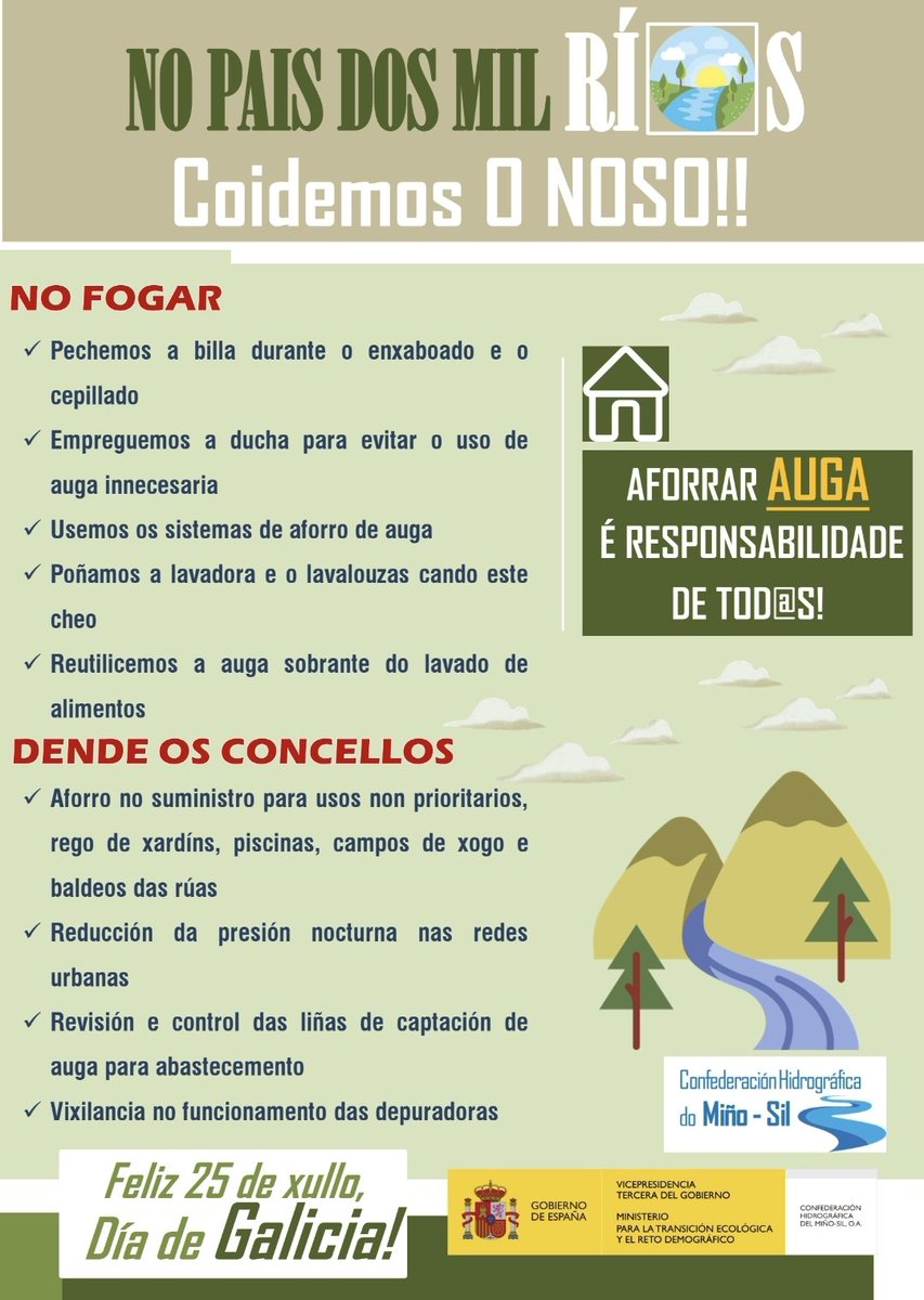 "No país dos1️⃣0️⃣0️⃣0️⃣ríos, coidemos o noso 💠🚵‍♂️🏞

Feliz #DIADEGALICIA !!

🗣Lembra que 👉"Aforrar Auga é Responsabilidade deTod@s" 💧

#PingaAPingaFaiseRío