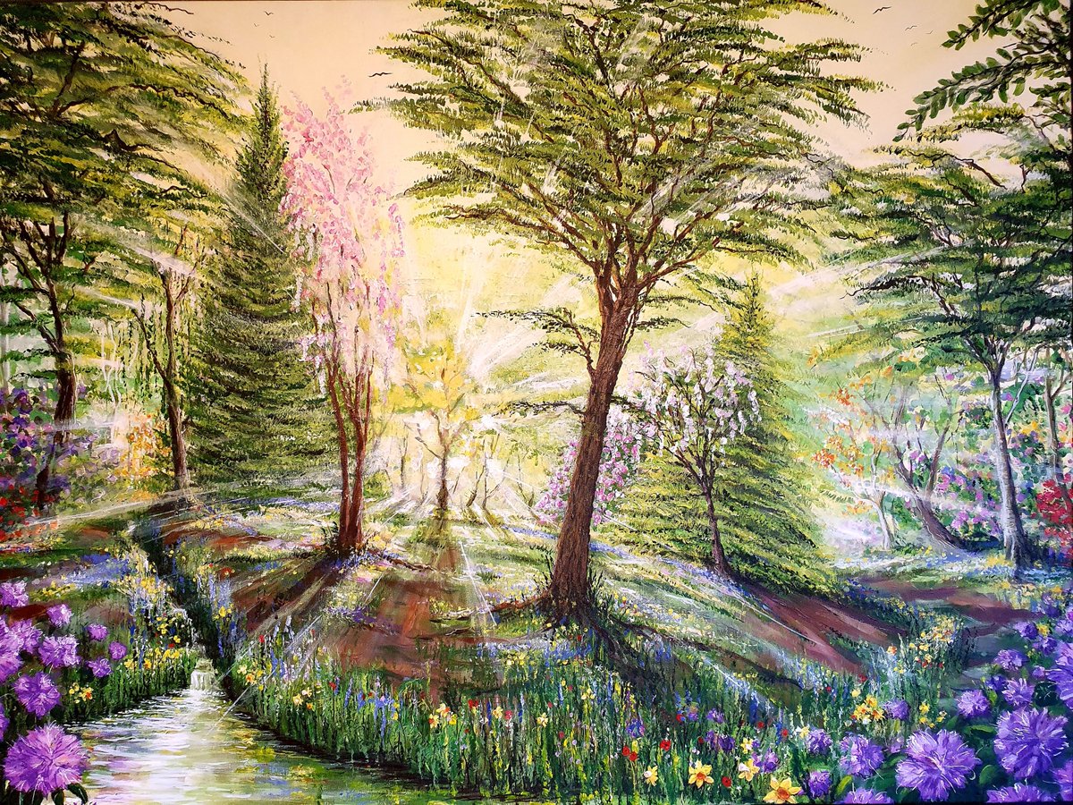 'The Hollies in Bloom'. Lots of light and colour. Acrylic and ink on canvas. #art #landscapepainting #woodlandpainting #leeds #yorkshire