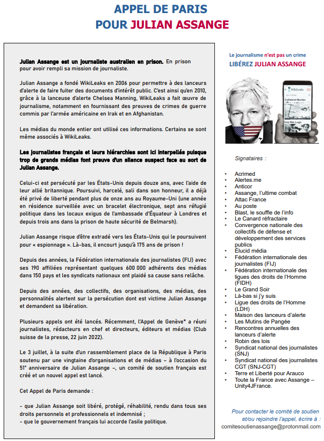 ComiteAssange's tweet photo. Bienvenue sur le compte du comité de soutien 🇫🇷 à Julian #Assange. Celui-ci est né du rassemblement du 3 juillet qui a lui-même engendré « l’Appel de Paris »👇.

Merci de nous aider à faire connaître ce canal qui a vocation à informer et mobiliser. #LibérezAssange #FreeAssange https://t.co/sDx19pdA36