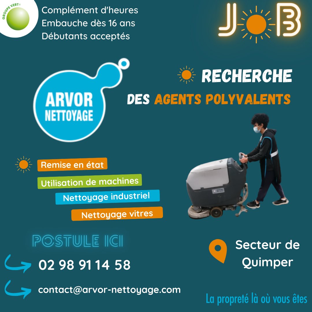 groupe_vert's tweet image. [#job]
VOTRE SOCIÉTÉ DE #NETTOYAGE DU PAYS DE QUIMPER - ARVOR NETTOYAGE -  
📞02 98 91 14 58 
✉️contact@arvor-nettoyage.com
🌐arvor-nettoyage.com
 
 #emploi #Quimper #Bretagne @Toutcommence29  #nettoyage #recrutement #cv #canditaure #trouverunjob #métierdunettoyage