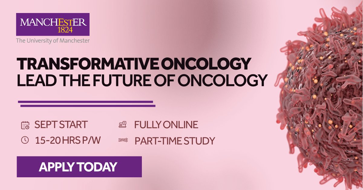 Manchester Cancer Research Centre (@mcrcnews) on Twitter photo Transformative Oncology: a new patient-focussed course bringing together the excellence of <a href="/OfficialUoM/">The University of Manchester</a>, and <a href="/TheChristieNHS/">The Christie NHS</a> to empower you to take the next step in your career.
Study online and part-time – apply now and start in September. manchester.ac.uk/study/online-b… Transformative Oncology: a new patient-focussed course bringing together the excellence of <a href="/OfficialUoM/">The University of Manchester</a>, and <a href="/TheChristieNHS/">The Christie NHS</a> to empower you to take the next step in your career.
Study online and part-time – apply now and start in September. manchester.ac.uk/study/online-b…