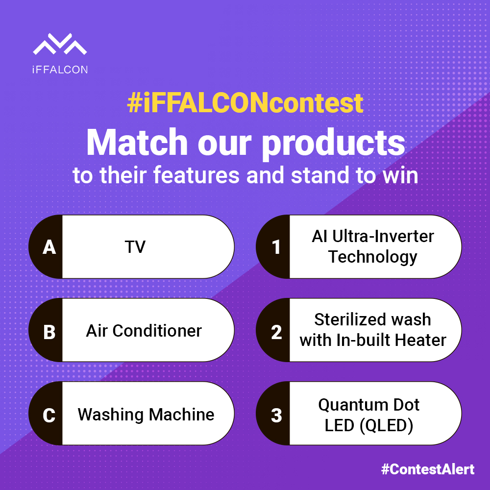 #ContestAlert #Contest
Match our products to their features and have a chance at winning exciting prizes.
Follow the steps to participate:
- Comment your answer
- Use #iFFALCONContest
- Tag 3 friends
- Follow us
#iFFALCONcontest #TV #WashingMachine #SmartTV