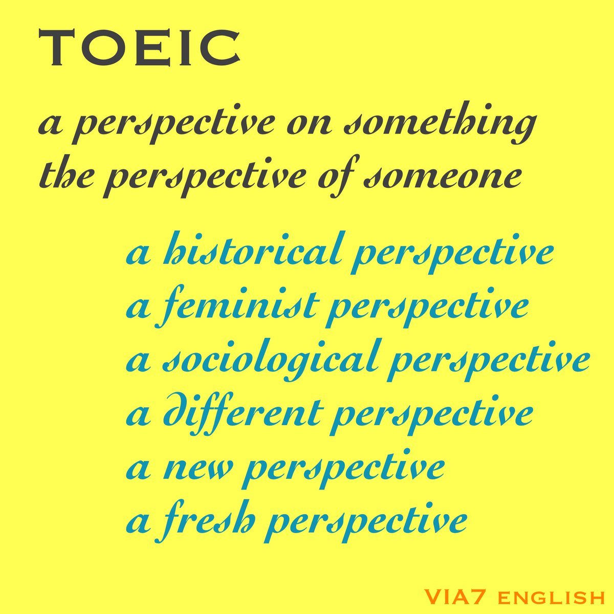 VIA7English's tweet photo. TOEIC | Vocabulary 

perspective = ความคิด / มุมมอง / ทัศนคติ 
มักจะใช้กับอะไรบ้าง

a perspective on something = ทัศนคติเกี่ยวกับเรื่องอะไร (ใช้กับ on) 
the perspective of someone = ทัศนคติของใคร (ใช้กับ of) 

#TOEIC #รับรองผล700คะแนน #Vocabulary #เรียนภาษาอังกฤษ #VIA7English https://t.co/4Ze58yF5mz