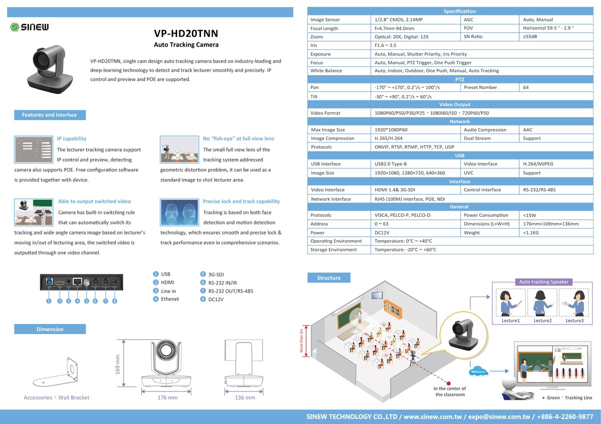 sinew_tw's tweet image. Auto Tracking Camera
sinew.com.tw/VP-HD20TNN.html
Single cam design auto tracking camera based on industry-leading and deep-learning technology to detect and track lecturer smoothly and precisely. IP control and preview and POE supported.
contact expo@sinew.com.tw
#AutoTrackingCamera