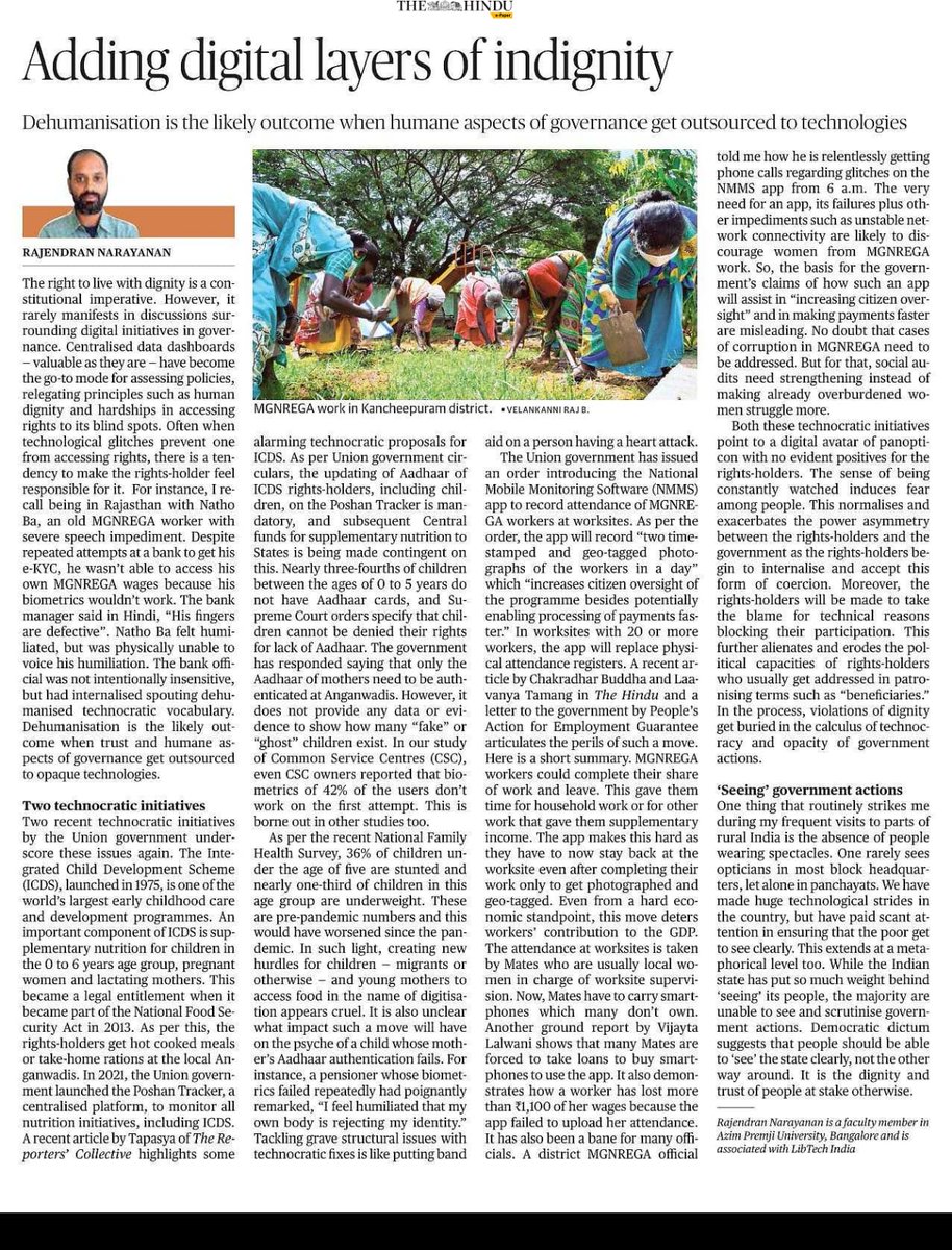 Rajendran Narayanan (@rajendran_naray) on Twitter photo Democracy must ensure that people can 'see' the State transparently & not the other way around. In today's <a href="/the_hindu/">The Hindu</a>  I argue how some recent moves by the govt are likely to dehumanise, increase indignity & exacerbate the power asymmetry between rights holders and govt. Democracy must ensure that people can 'see' the State transparently & not the other way around. In today's <a href="/the_hindu/">The Hindu</a>  I argue how some recent moves by the govt are likely to dehumanise, increase indignity & exacerbate the power asymmetry between rights holders and govt.