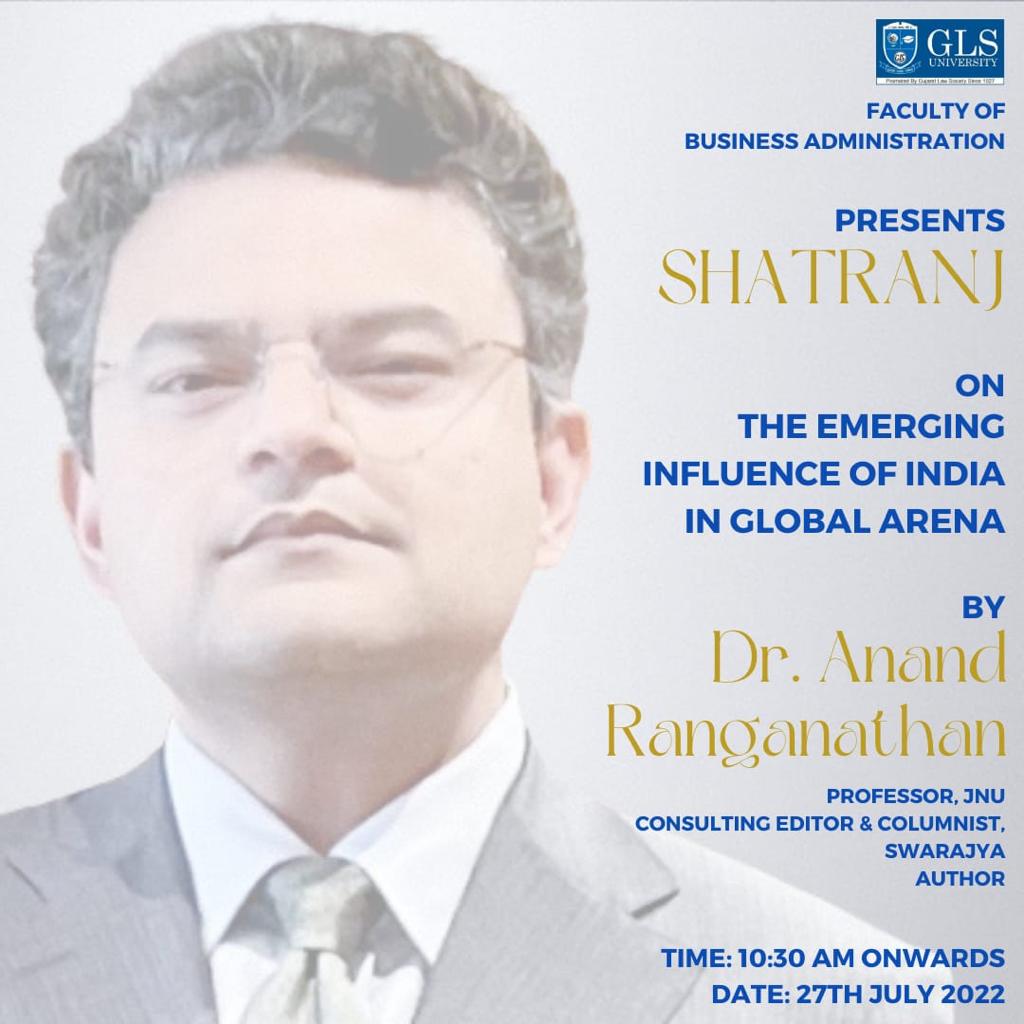 fbaglsbba's tweet photo. We, at Faculty of Business Administration, GLS University, are honoured to be hosting Dr. Anand Ranganathan at Shatranj, an event where the discourse on India's foreign policy and its impact on the nation's relationship with the world. 

@ARanganathan72 

#Shatranj #Orientation https://t.co/TxjACcz6y8
