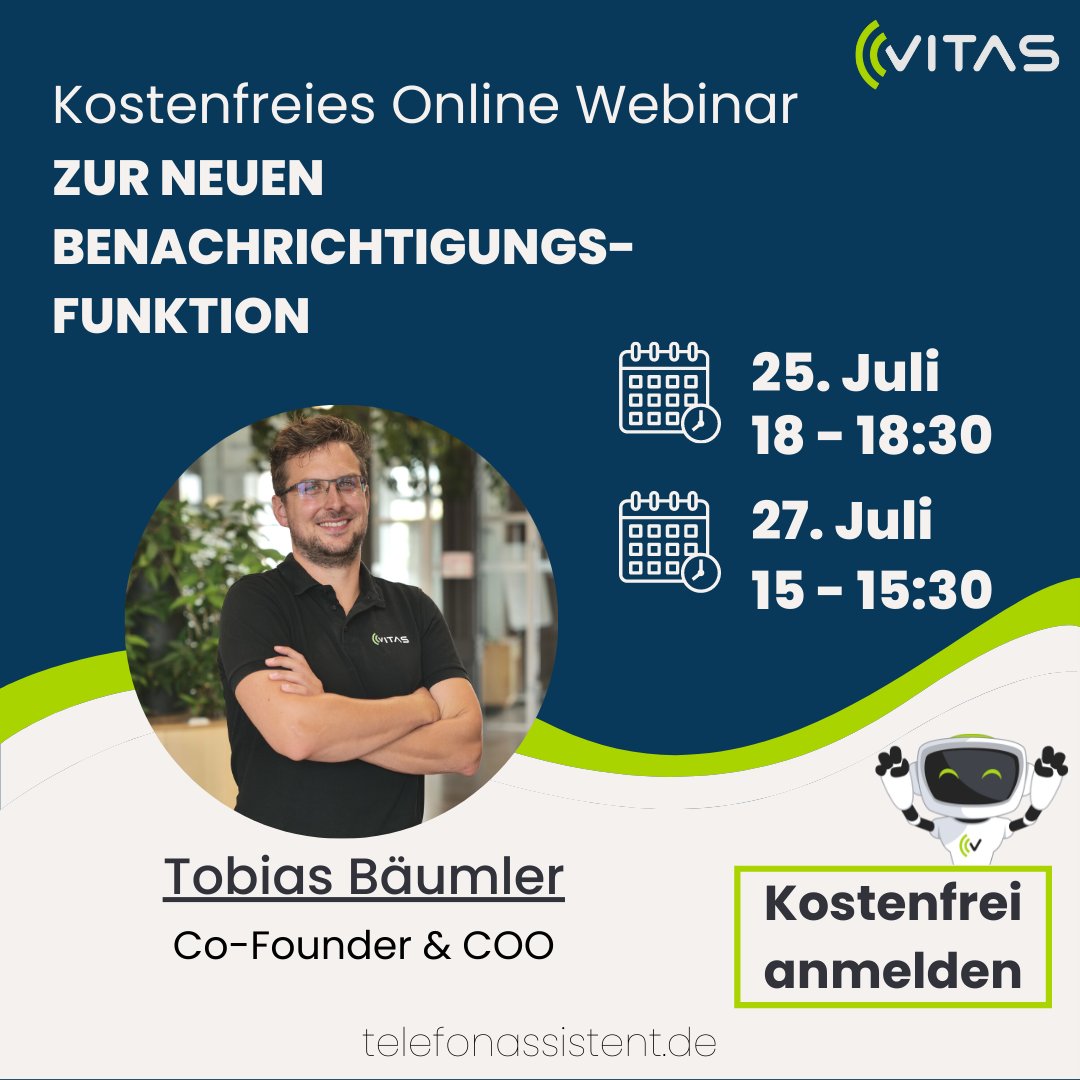 vitasassistant's tweet photo. 📢 KOSTENFREIES LIVE WEBINAR 📢

🤖 Der digitale #Telefonassistent von #VITAS bietet jetzt noch mehr Features, um euch im Telefondienst zu entlasten!

Neugierig? - Jetzt anmelden! https://t.co/mfNgCtSxf0

#webinar #saas #kundenfeedback #zollhof #nürnberg #startups #techstartup https://t.co/xbMUHX3pc7
