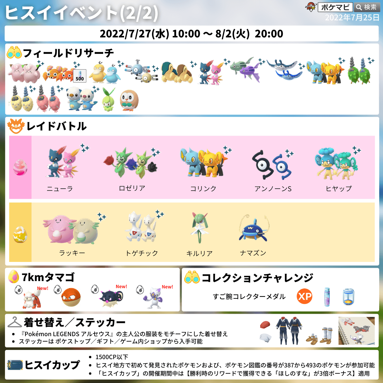 ポケモンgo攻略情報 ポケマピ ヒスイイベント開催 期間 7 27 水 朝10時 8 2 火 時まで ヒスイのすがたのガーディ ハリーセン ニューラが初登場 ウルトラアンロック ウォーグル ヒスイのすがた 初登場 ヒスイレイドデイ アンノーン S