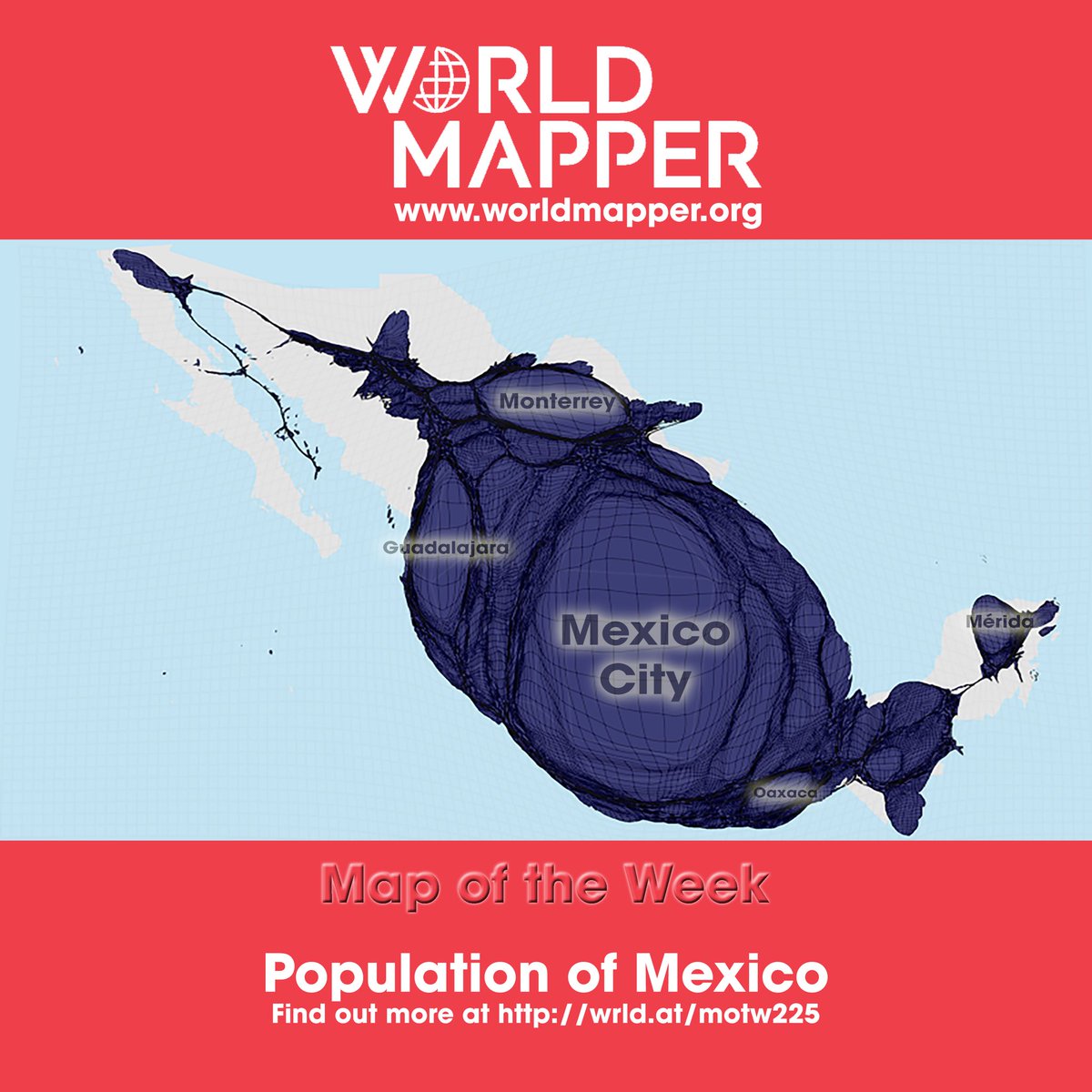 worldmapper's tweet photo. Map of the Week: Population of Mexico - find out more at https://t.co/a9x1dtfGLl #maps #cartograms #cartography #worldmapper #motw #mexico #population #populationcartogram #people https://t.co/85dZzSJq5T