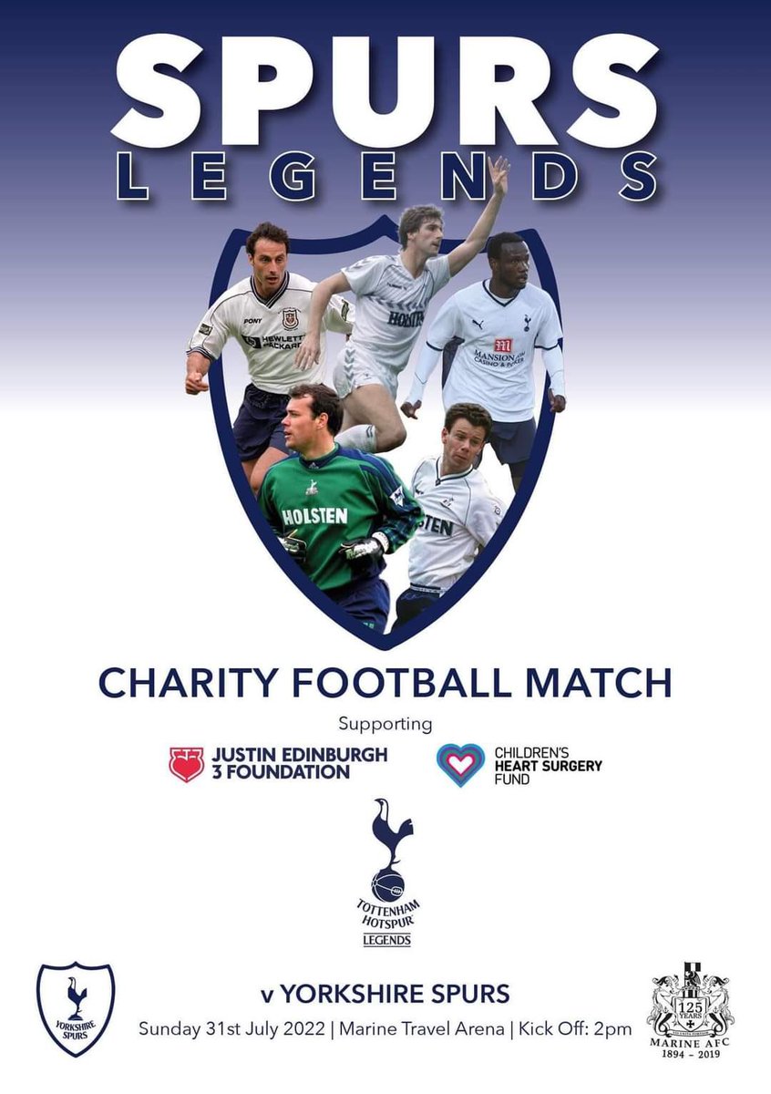 SPURS LEGENDS OFFICIAL (@legendsspurs) on Twitter photo This Sunday, 31st July, we play <a href="/YorkshireSpurs/">Yorkshire Spurs</a> at The Marine Travel Arena, L23 3AS., KO 2pm in aid of two great causes. <a href="/JE3Foundation/">Justin Edinburgh 3 Foundation</a> <a href="/CHSurgeryFund/">Children's Heart Surgery Fund</a>
Look forward to seeing you all there ⚽️ This Sunday, 31st July, we play <a href="/YorkshireSpurs/">Yorkshire Spurs</a> at The Marine Travel Arena, L23 3AS., KO 2pm in aid of two great causes. <a href="/JE3Foundation/">Justin Edinburgh 3 Foundation</a> <a href="/CHSurgeryFund/">Children's Heart Surgery Fund</a>
Look forward to seeing you all there ⚽️