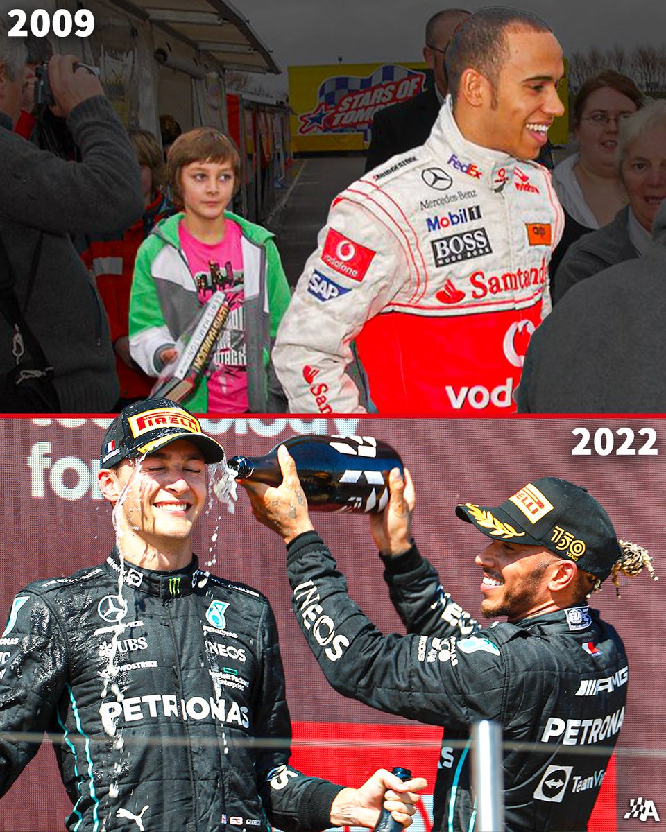 autosport's tweet photo. From chasing Lewis Hamilton's autograph to sharing a podium with him for the first time as team-mates ❤️

What a journey it's been for George Russell 👏

#F1 #FrenchGP #Autosport https://t.co/vHPTe86DdG