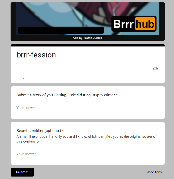 [#Everyone gets f*ck*d during crypto winter]

[*] Submit confession 
[**] DM proof
[***] Get Frostbitten 🧊

#FreeMint #NFTGiveaway #ETH