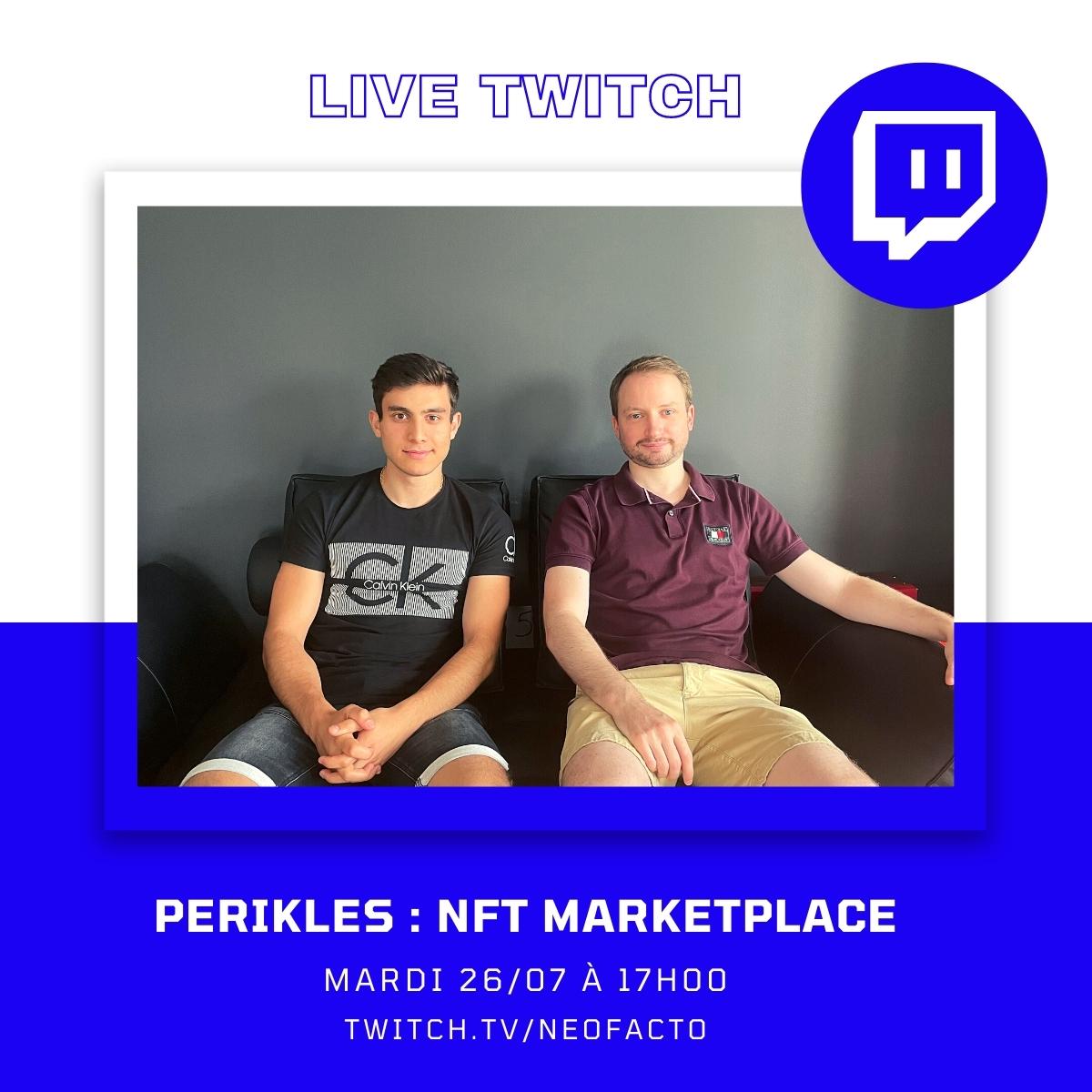 🎯 Mardi 26/07 à 17h00
💻 Rdv sur : lnkd.in/eHREhBEq

Retrouvez Florian et Haik demain en direct sur notre chaine #Twitch pour continuer l'aventure #Perikles : Créer sa NFT Marketplace en live !

A demain 👋

#streaming #live #nft #marketplace #neofacto