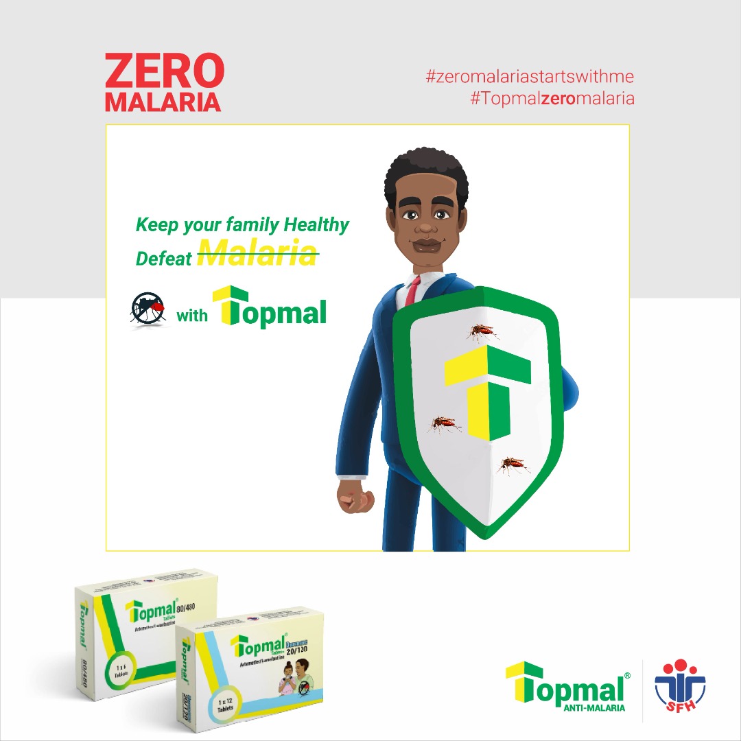 Keep your FamilyHealthy. Defeat Malaria!

Topmal is effective in the treatment of malaria. It comes in dispersible and tablet form with strengths of 20/120mg and 80/480mg

Available in pharmacy shops near you.

#healthylifeforall #defeatmalria #malariafree #Malaria #explore