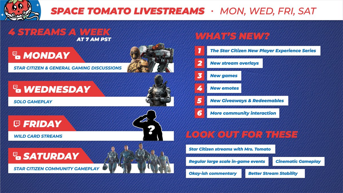 This Saturday I will be starting my new streaming schedule to provide a multitude of entertainment and topics to discuss for viewers.

New player streams,
<a href="/mrstomatosays/">Honey</a> couple streams,
New giveaways,
Round Table Discussions,
&amp; More

More info to come below!